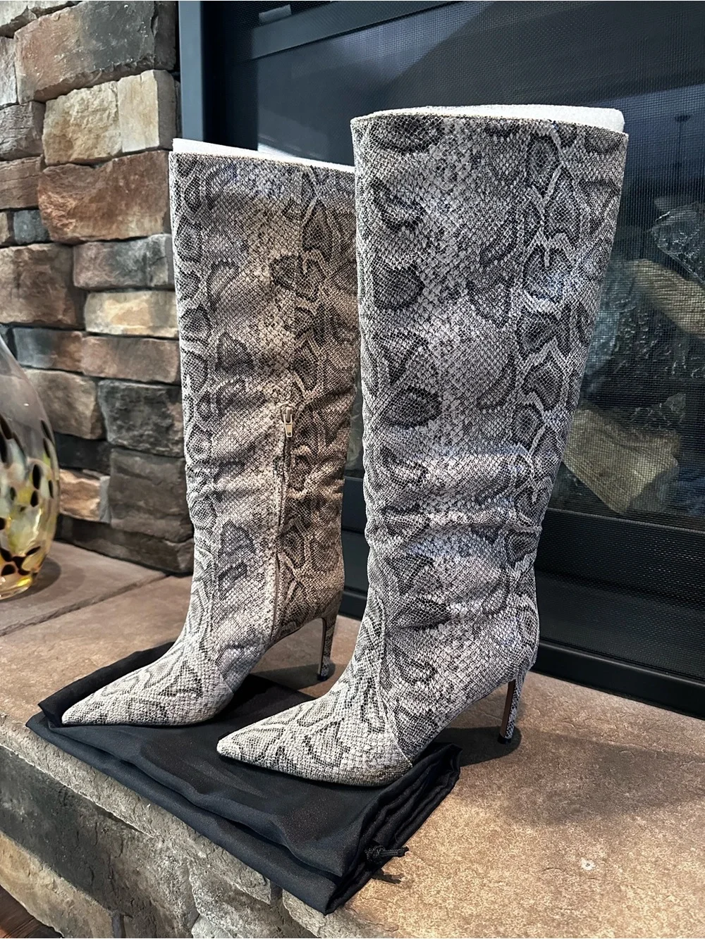Express Women's Knee-High Snakeskin Pointed-Toe Stiletto Boots - Grey
